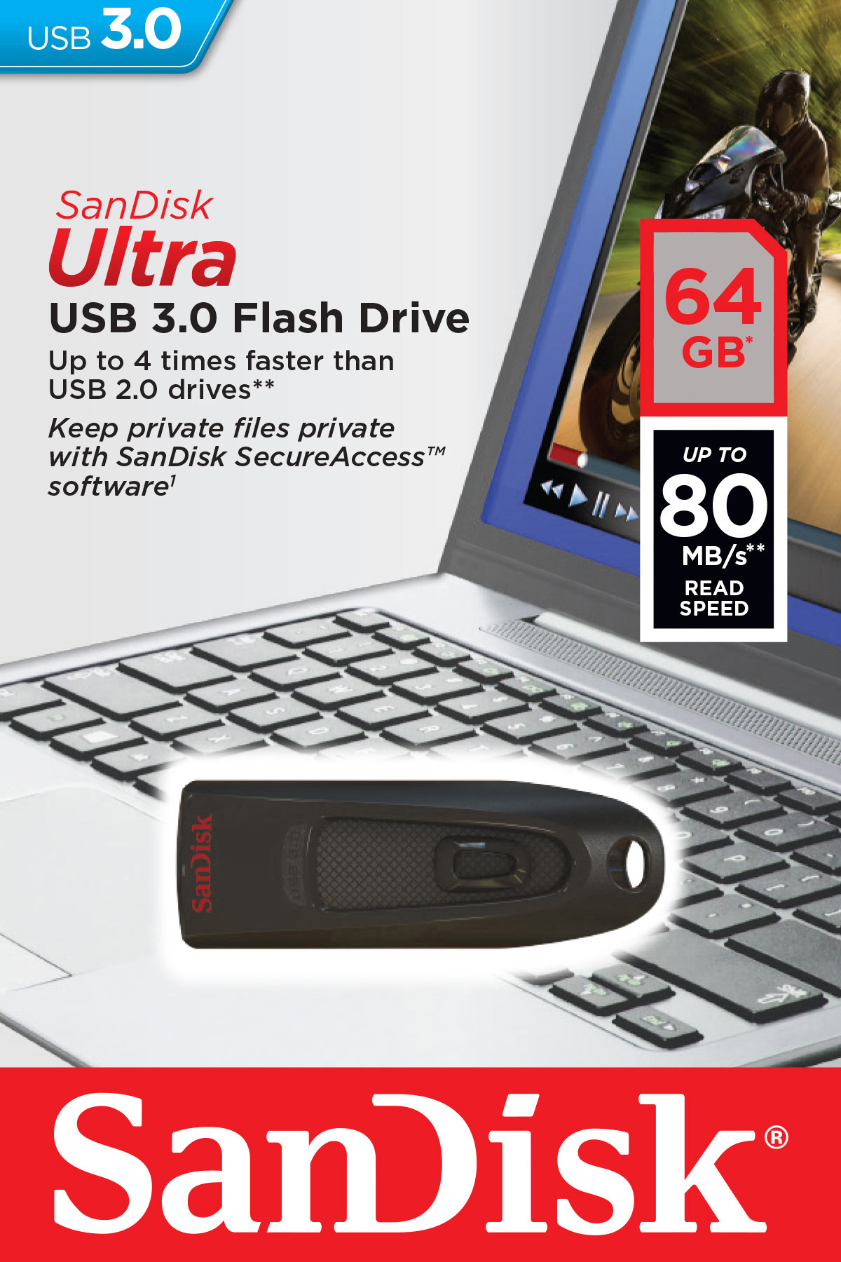 Ein schwarzer USB-Stick liegt auf einem Laptop, mit Text, der seine Funktionen beschreibt.