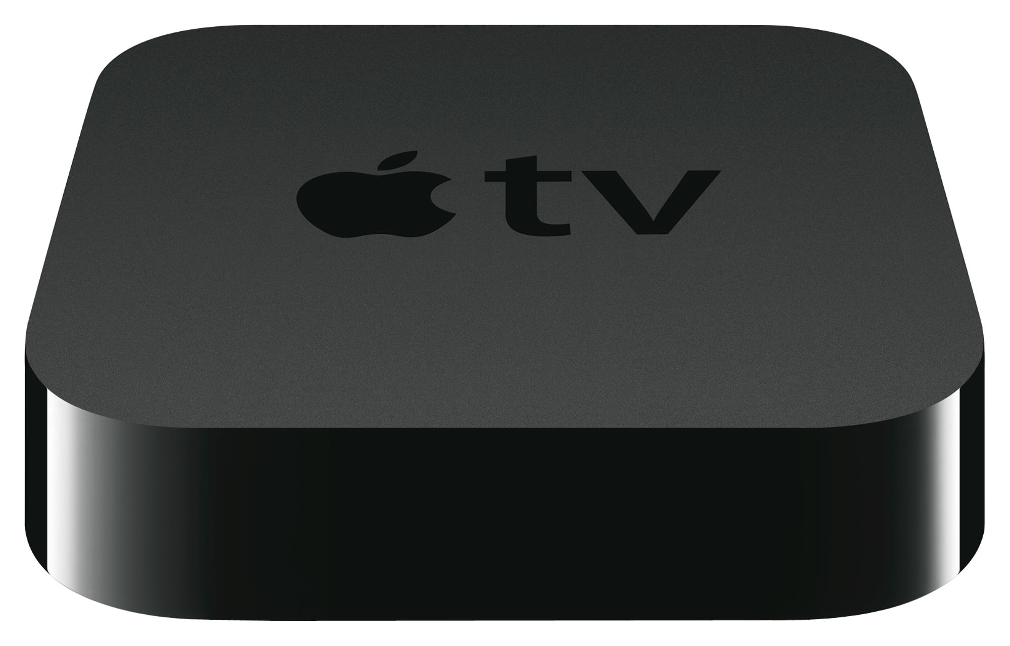 Schwarzes Apple TV-Gerät mit Apple-Logo auf der Oberseite, vor weißem Hintergrund.