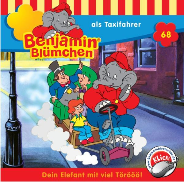Benjamin Blümchen Buchcover. Ein Elefant und Menschen in einem Fahrzeug fahren in einer Stadt.