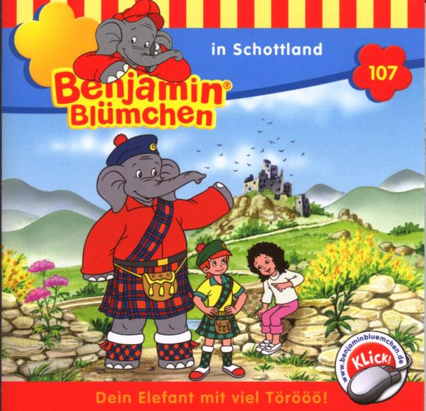 Cover eines Kinderbuchs mit einem Elefanten im Kilt, zwei Kindern und einer Burg.