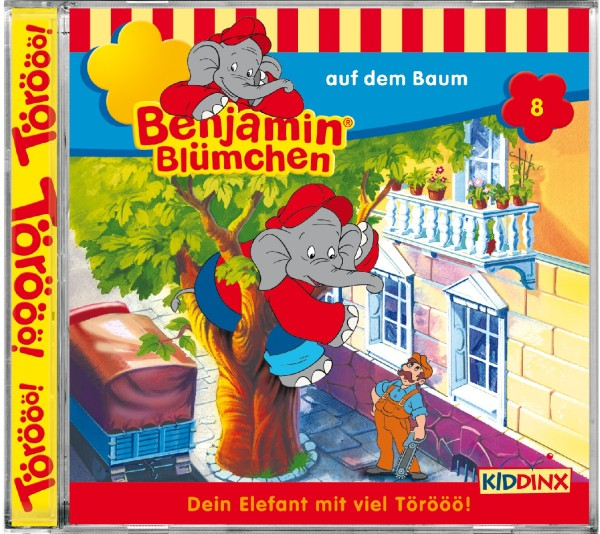 Cartoon-Elefant auf einem Baum, mit Text und einem blauen LKW.