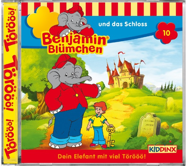 Cartoonbild eines Elefanten und eines Jungen vor einem Schloss.