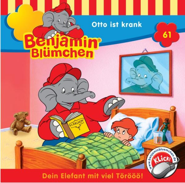 Kinderbuchcover: Benjamin Blümchen liest einem kranken Kind im Bett vor. Hintergrund: Elefantenbild.