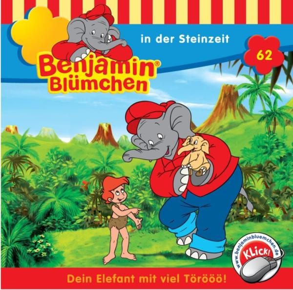 Cartoon-Cover. Elefant in Rot, Blau und Gelb mit einem Jungen. Grüner Hintergrund mit Text.