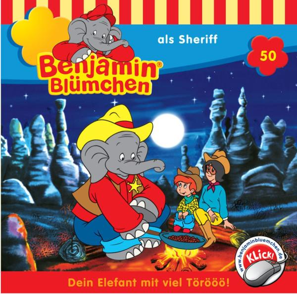Benjamin Blümchen Cartoon: Sheriff-Elefant mit Kindern und Lagerfeuer in Wüstenlandschaft.