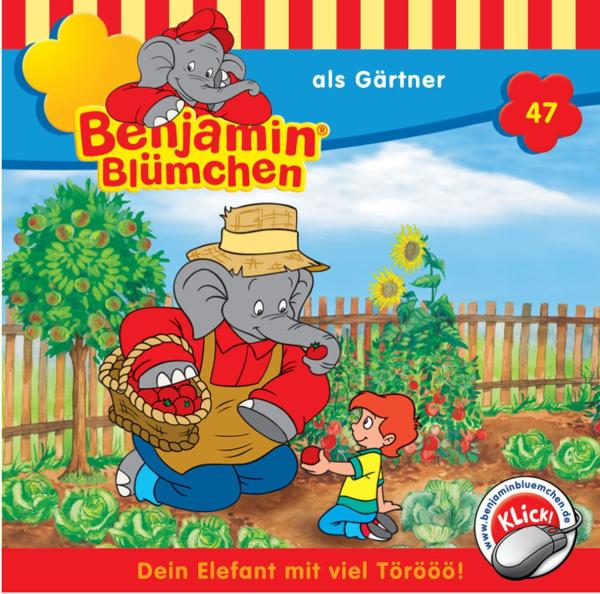 Benjamin Blümchen Cartoon-Cover. Elefanten-Gärtner gibt einem Jungen Tomaten. Grüner Gartenhintergrund.