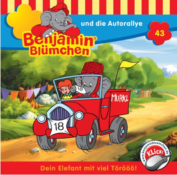 Kinderbuchcover mit einem roten Auto, gefahren von einem Elefanten und einem Jungen. Titel: Benjamin Blümchen und die Autoralley.