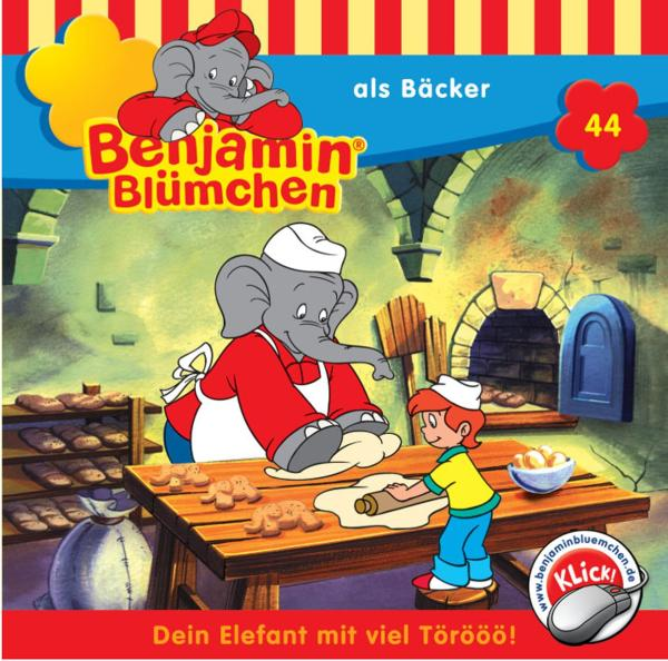Benjamin Blümchen Cartoon: Elefantenbäcker mit Kind beim Ausrollen von Teig in einer Bäckerei.