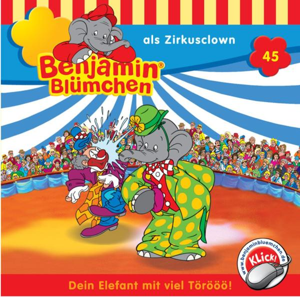 Benjamin Blümchen Buchcover: Elefantenclown, andere Figuren, farbenfrohes Design. Titel auf Deutsch.