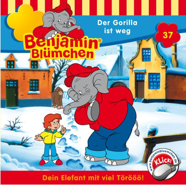 Benjamin Blümchen Kinderbuchcover: Ein Elefant, ein Junge, ein Gorilla und zwei Häuser.