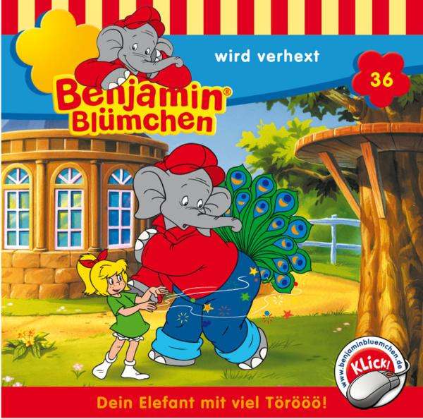 Benjamin Blümchen Buchcover. Zeigt einen Elefanten, ein Mädchen und einen Pfau.