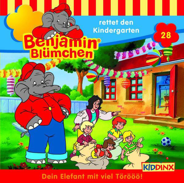 Benjamin Blümchen Buchcover. Ein Elefant mit Kindern vor einem Haus. Titel: rettet den Kindergarten.