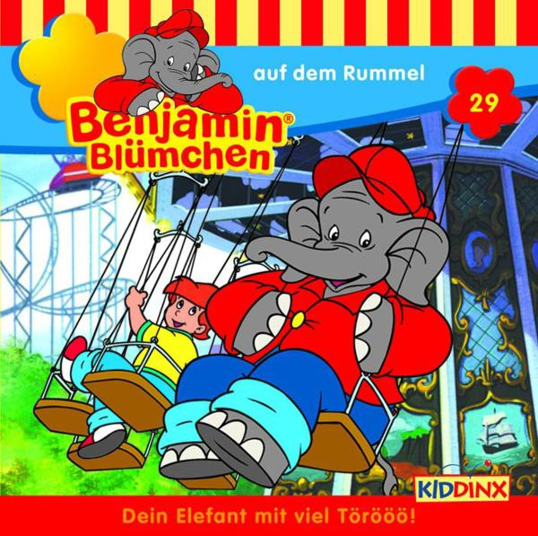 Cover von 'Benjamin Blümchen auf dem Rummel'. Ein Elefant und ein Kind auf Schaukeln.