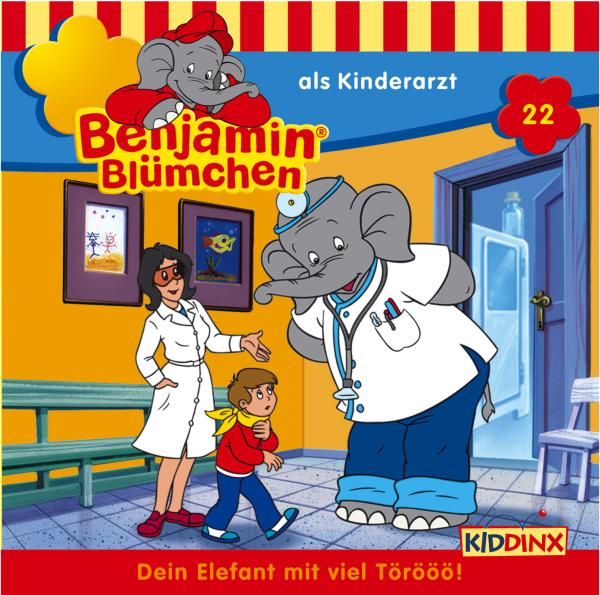 Benjamin Blümchen Buchcover mit Elefantenarzt, Junge und Krankenschwester.