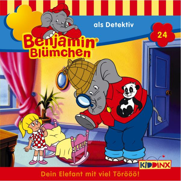 Buchcover von Benjamin Blümchen. Elefanten-Detektiv mit Mädchen in einem Zimmer.