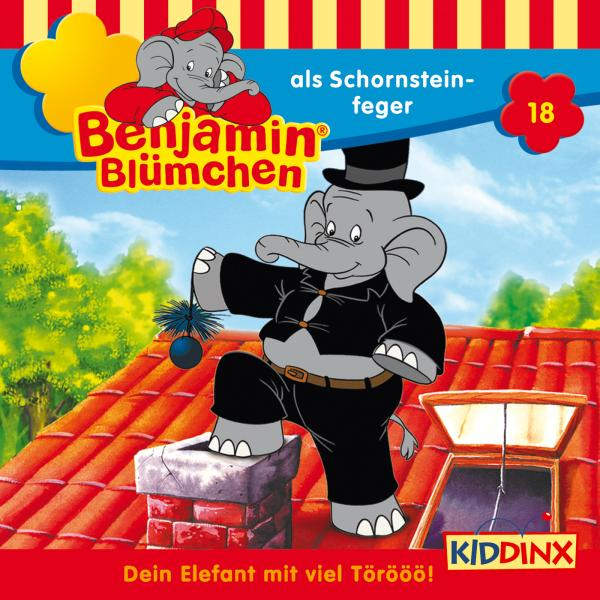 Cartoonbild eines Elefanten, der als Schornsteinfeger auf einem Dach verkleidet ist. Text sagt 'Benjamin Blümchen'.