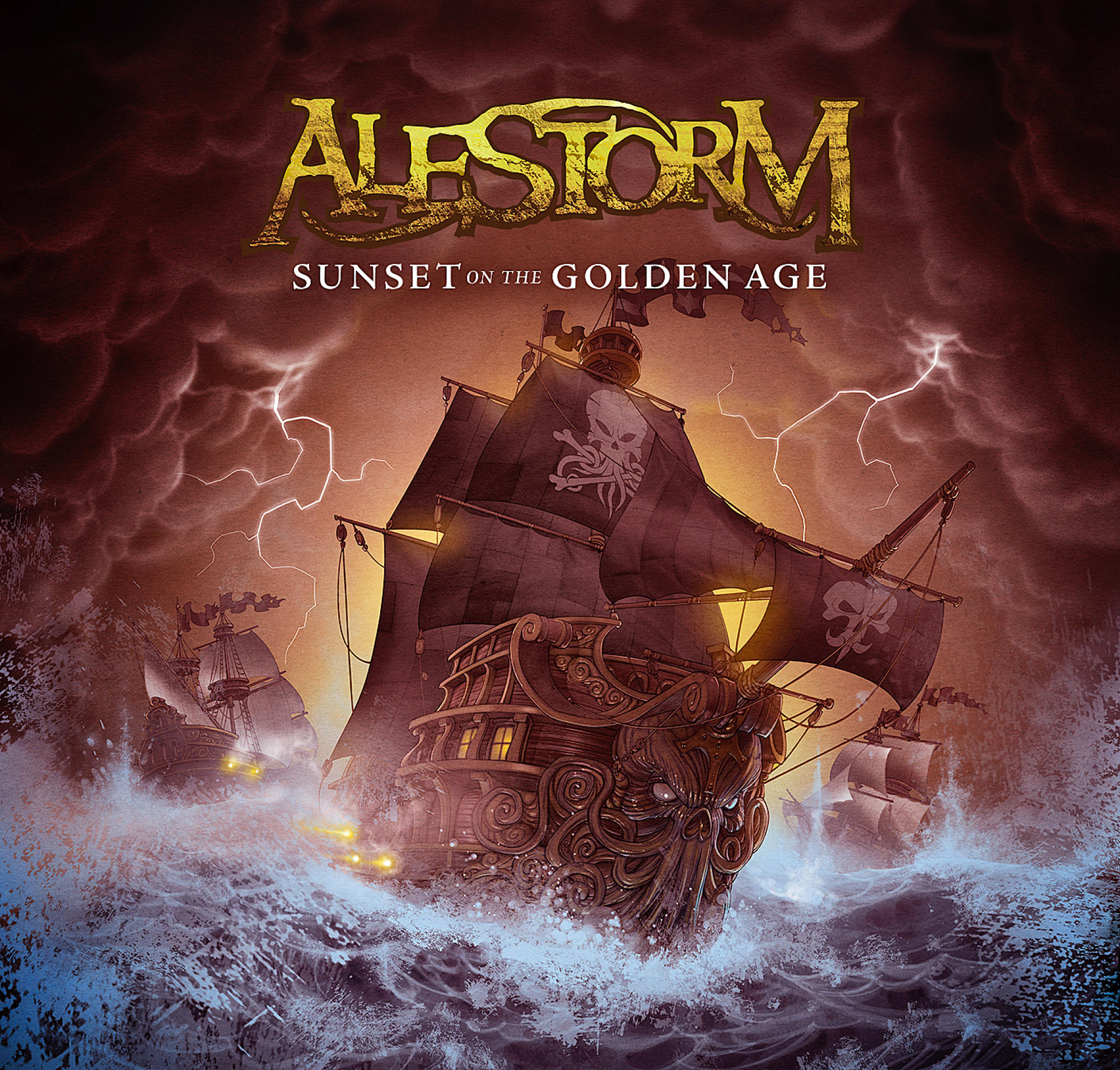 Albumcover: Alestorm "Sunset on the Golden Age". Piratenschiff auf stürmischer See mit Blitzen.