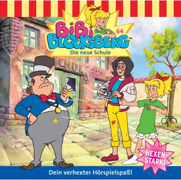 Bibi Blocksberg Cover. Figuren: Hexenmädchen, Mann mit Zylinder, ein weiteres Mädchen. Schule im Hintergrund.