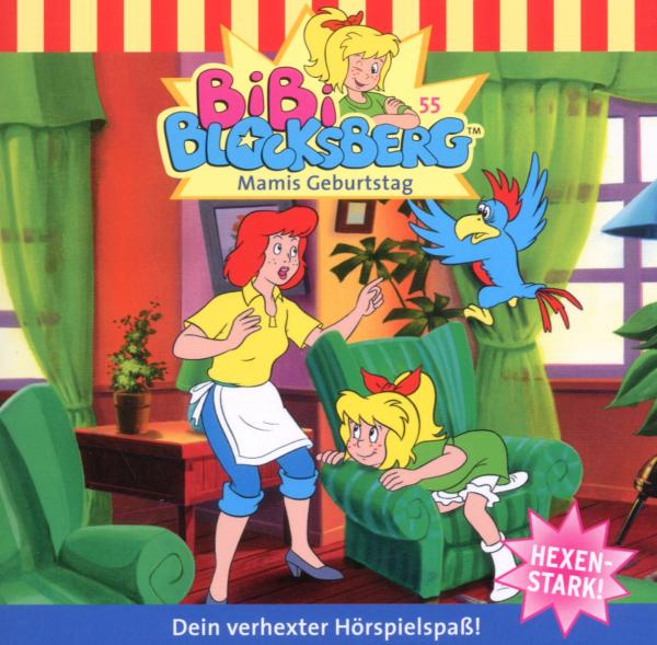 Bibi Blocksberg CD-Cover. Bibi und Mutter in einem Wohnzimmer, Papagei fliegt. Cartoon-Stil.