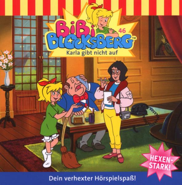 Bibi Blocksberg Buchcover: Mädchen mit Besen, alter Mann und Frau. Titel auf Deutsch.