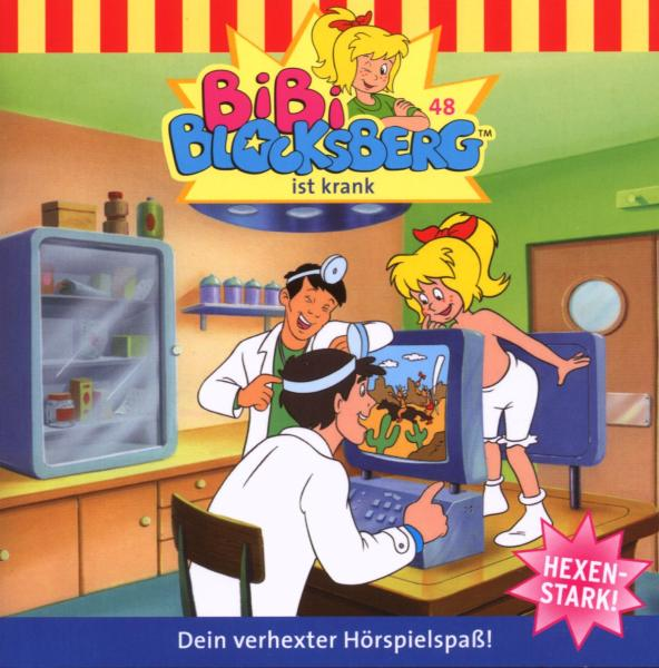 Bibi Blocksberg Cartoon-Cover. Bibi ist krank, Ärzte untersuchen einen Computerbildschirm. Grüner Hintergrund.