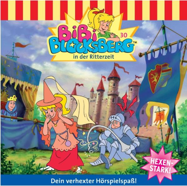 Bibi Blocksberg Cover. Bibi, Ritter, Burg und andere Charaktere in einer Comic-Szene.
