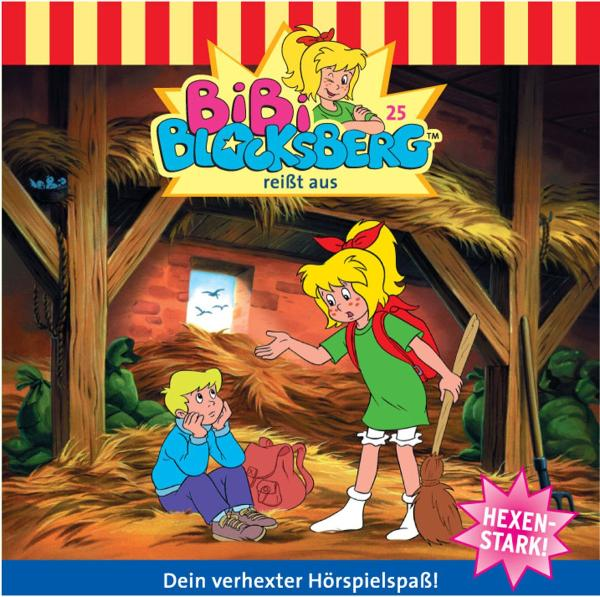Cartoon von zwei Kindern mit einer Hexe. Ein Mädchen zeigt. Scheunen-Hintergrund.