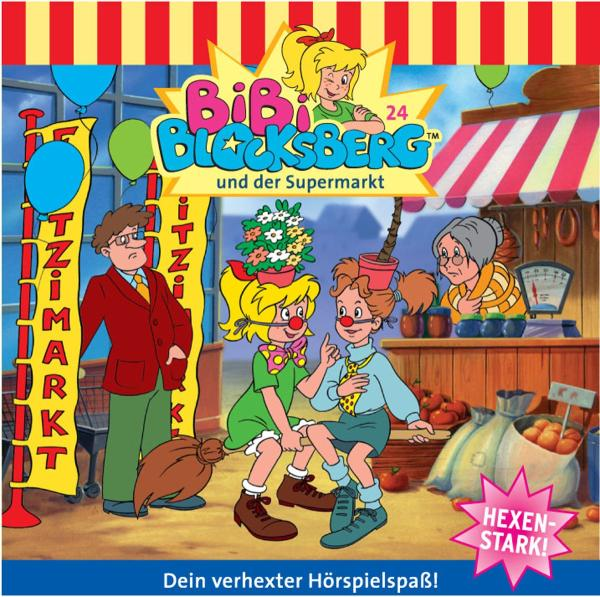 Cartoon-Cover. Zwei Mädchen mit einem Mann im Anzug, mit einer Marktszene und Text.