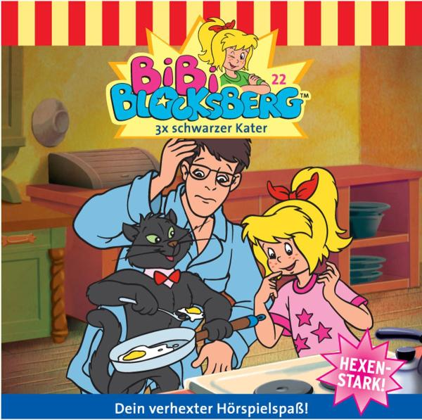 Bibi Blocksberg CD-Cover. Ein Mädchen, ein Mann und eine Katze in der Küche.