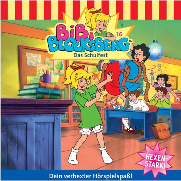 Bibi Blocksberg Cartoon-Cover. Ein Mädchen in einem grünen Kleid hält eine Wurst.