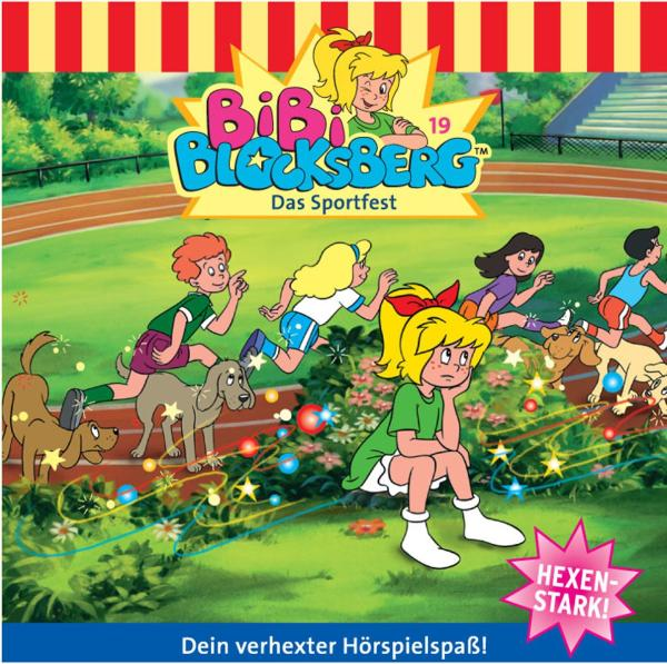 Cartoon-Cover von Bibi Blocksberg, blondes Mädchen in grünem Kleid sitzt auf der Strecke. Andere Kinder rennen.