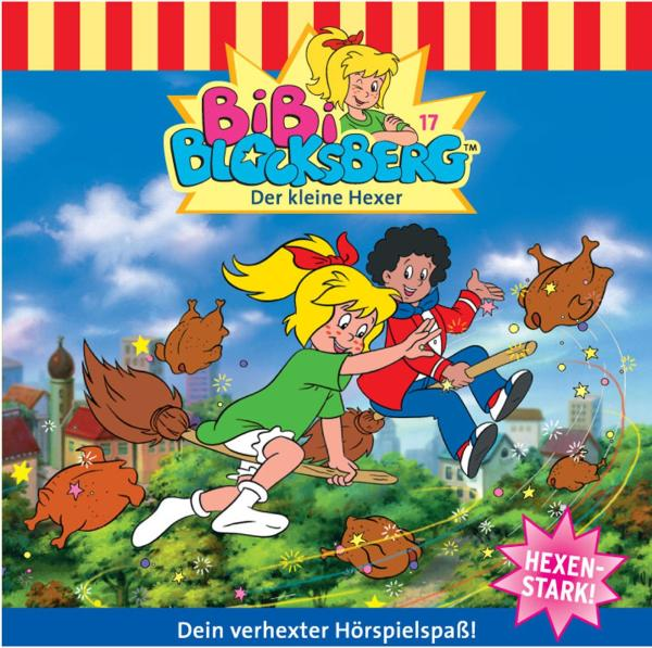 Bibi Blocksberg Cover. Zwei Kinder auf einem Besen fliegen. Gebratenes Huhn in der Luft.