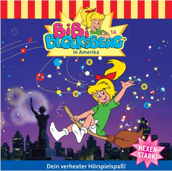 Bibi Blocksberg CD-Cover. Zeigt eine Hexe, die auf einem Besen über einer Stadt fliegt.
