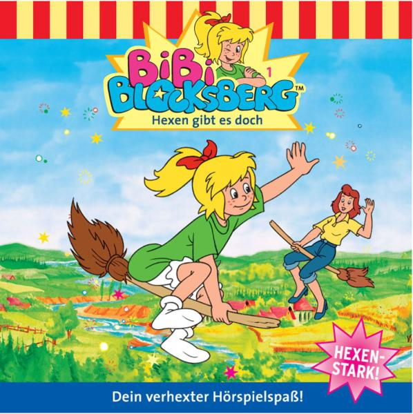 Bibi Blocksberg Buchcover. Ein Mädchen auf einem Besen fliegt am Himmel.