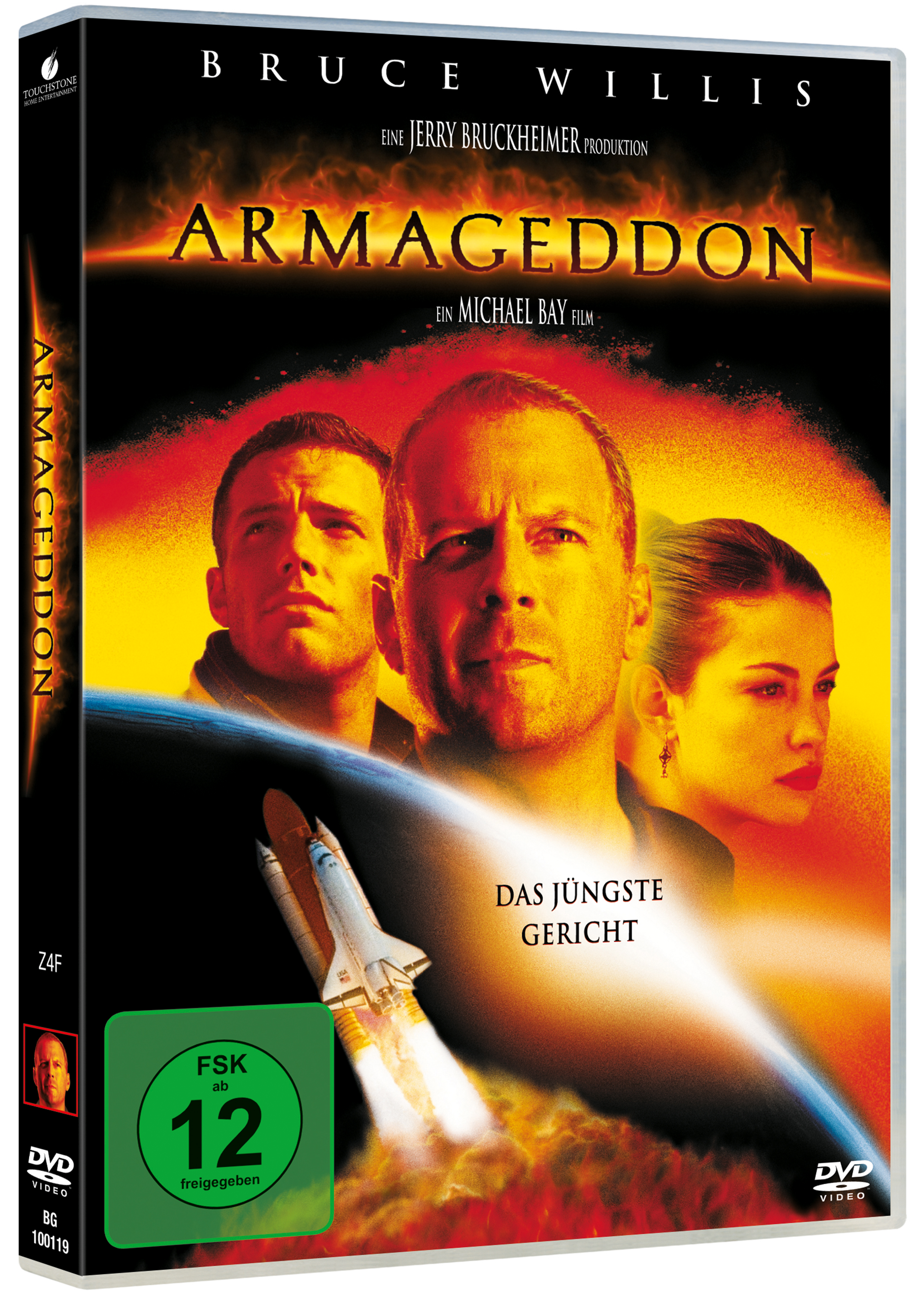 DVD-Cover von 'Armageddon'. Mit Bruce Willis und zwei weiteren Personen. Ein Raumschiff im Hintergrund.