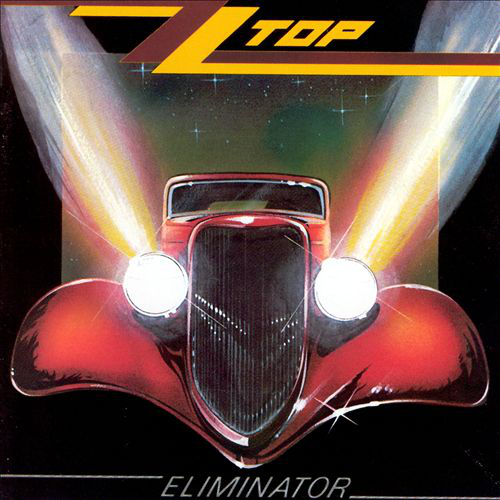 ZZ Top album borító, autó fényszórók világítanak. Piros autó fekete háttér előtt. 'Eliminator' szöveg.