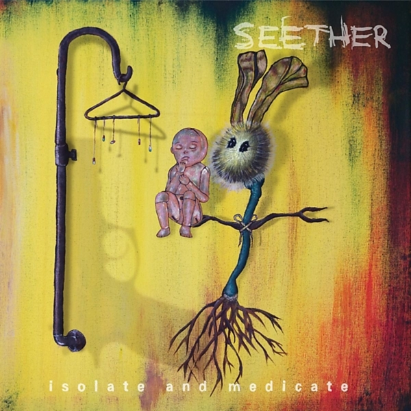 Albumcover mit Figur, kaninchenartigem Wesen und Haken.