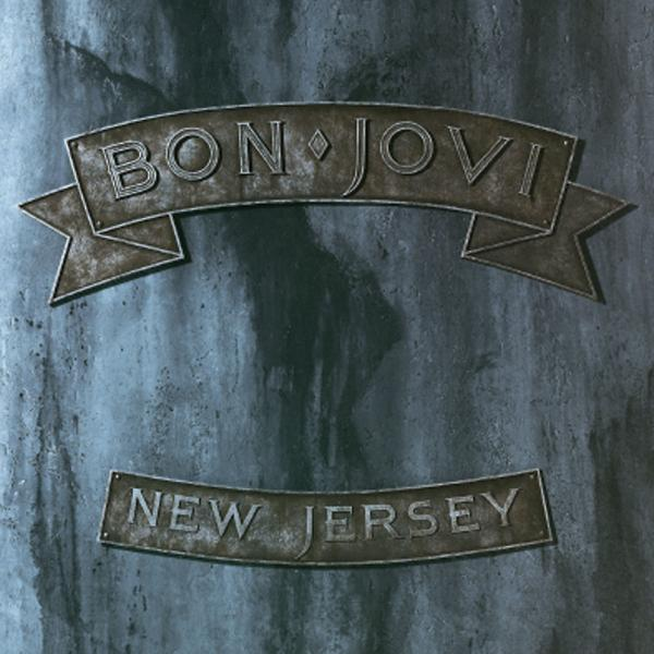 Bon Jovi Albumcover mit Bandnamen und 'New Jersey' auf strukturiertem Hintergrund.