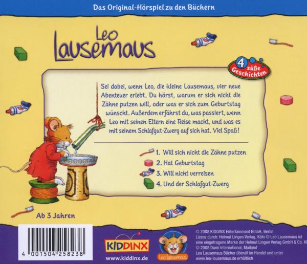 Cartoon-Illustration einer Maus, die sich die Zähne putzt. Text über die Geschichte auf der Rückseite.