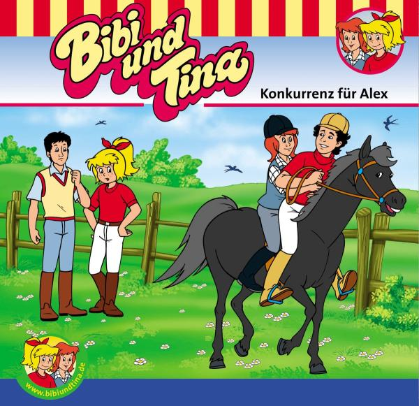 Cartoon-Cover: zwei Mädchen und ein Junge auf einem Pferd mit dem Titel "Bibi und Tina" und Zeichentrickfiguren.