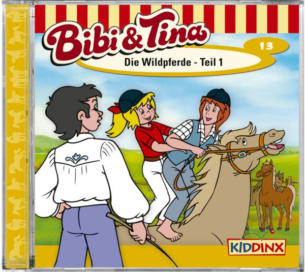 Cartoon-Illustration von Bibi und Tina auf einem Pferd. Ein Mann hält die Zügel. Gelber und roter Titel.