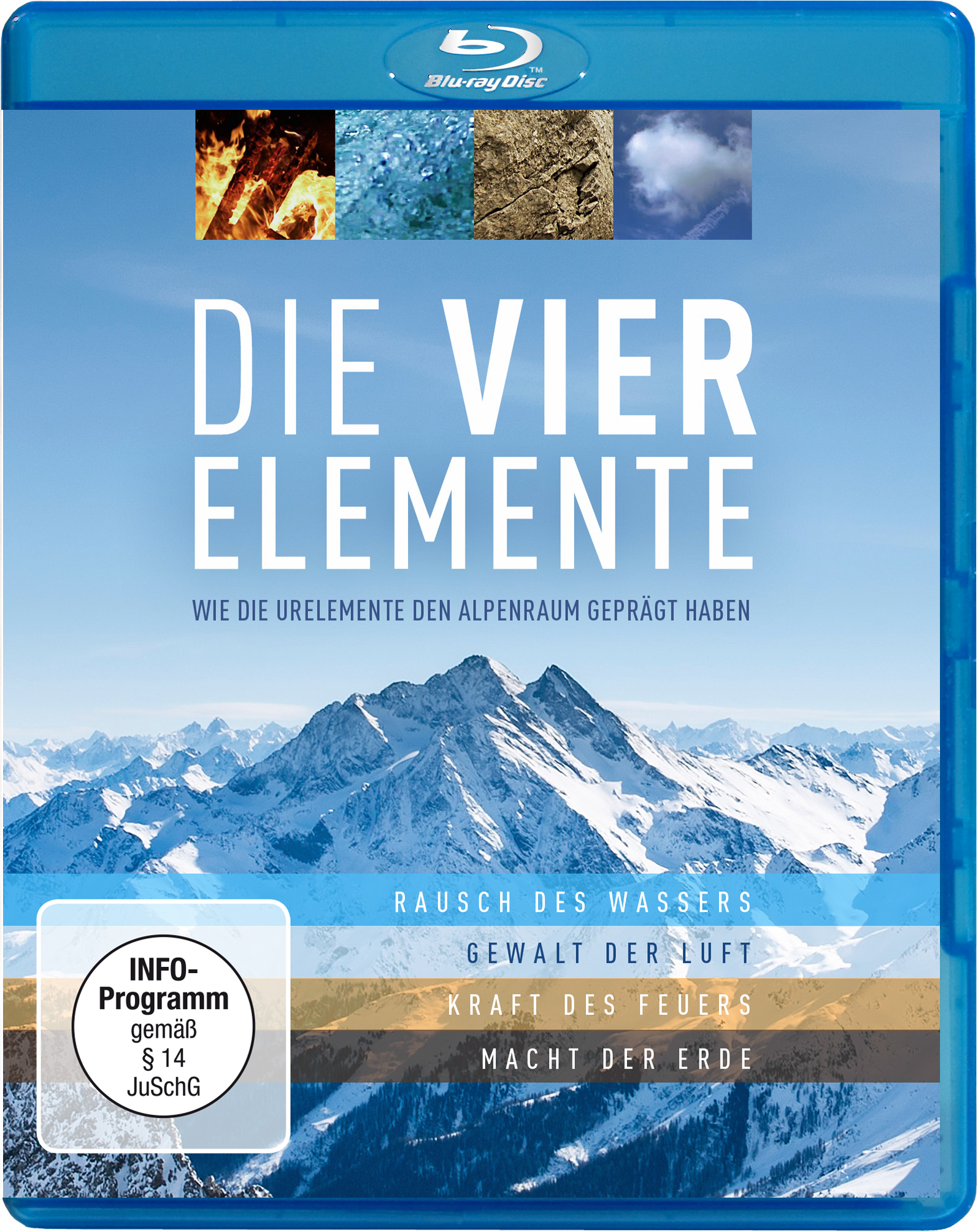 Blu-ray-Cover: 'Die Vier Elemente' mit Gebirgszug im Hintergrund und vier Elementen auf dem Cover.
