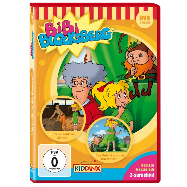 Bibi Blocksberg DVD-Cover. Bibi mit Familie und Freunden in einer Cartoon-Umgebung.