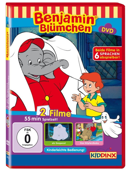 DVD-Hülle mit einem Cartoon-Elefanten und Kind, 'Benjamin Blümchen'. Mehrere Szenen sind auf dem Cover abgebildet.