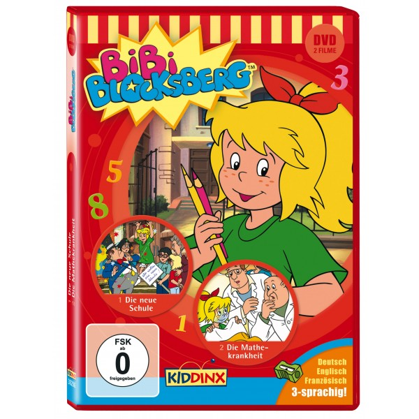 DVD-Hülle mit Bibi Blocksberg-Cartoonfigur, die Bleistifte hält. Zahlen und Text befinden sich auf dem roten Cover.