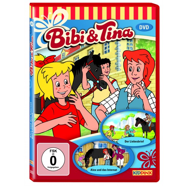 DVD-Cover mit Cartoon-Mädchen und Pferd, Titel 'Bibi & Tina' und 'DVD'.