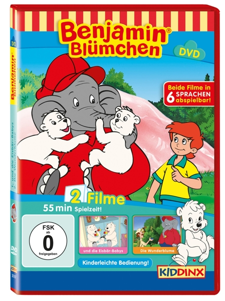 DVD-Cover: Benjamin Blümchen und Eisbären, mit deutschem Text: 'Benjamin Blümchen' und '2 Filme'.