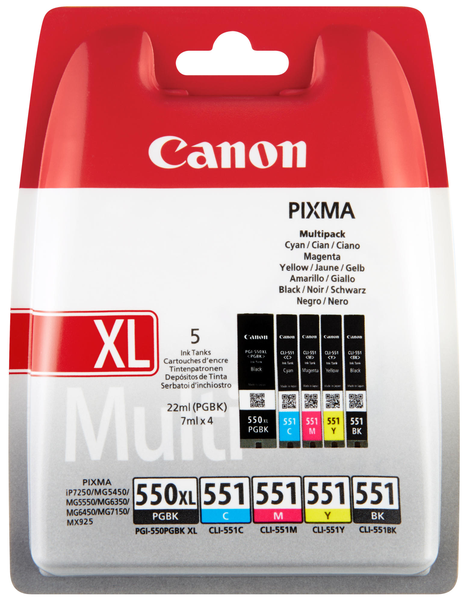 Pack de cartouches d'encre Canon : 5 cartouches, couleurs noir, cyan, magenta, jaune. Emballage rouge et blanc.
