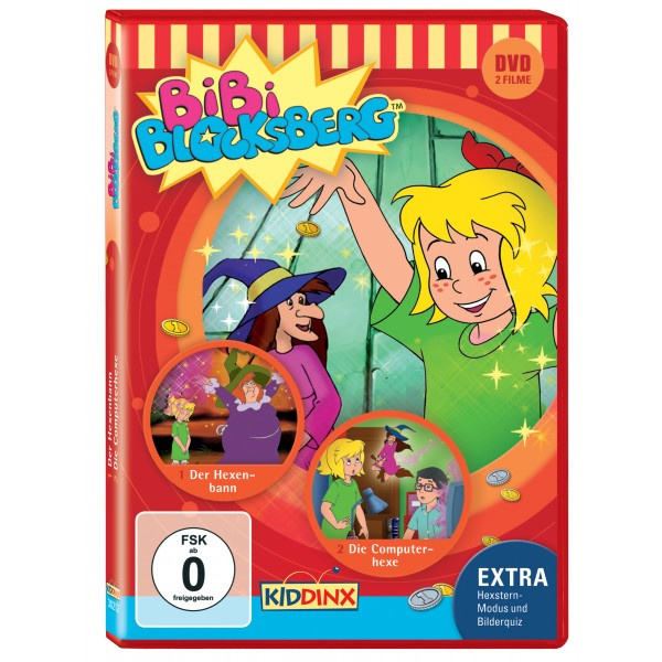 DVD-Cover: Bibi Blocksberg. Ein Cartoon einer Hexe und eines Mädchens mit Münzen.