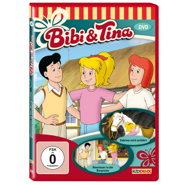 Bibi & Tina DVD-Cover. Zwei Mädchen und ein Junge. Ein Pferd im Hintergrund.
